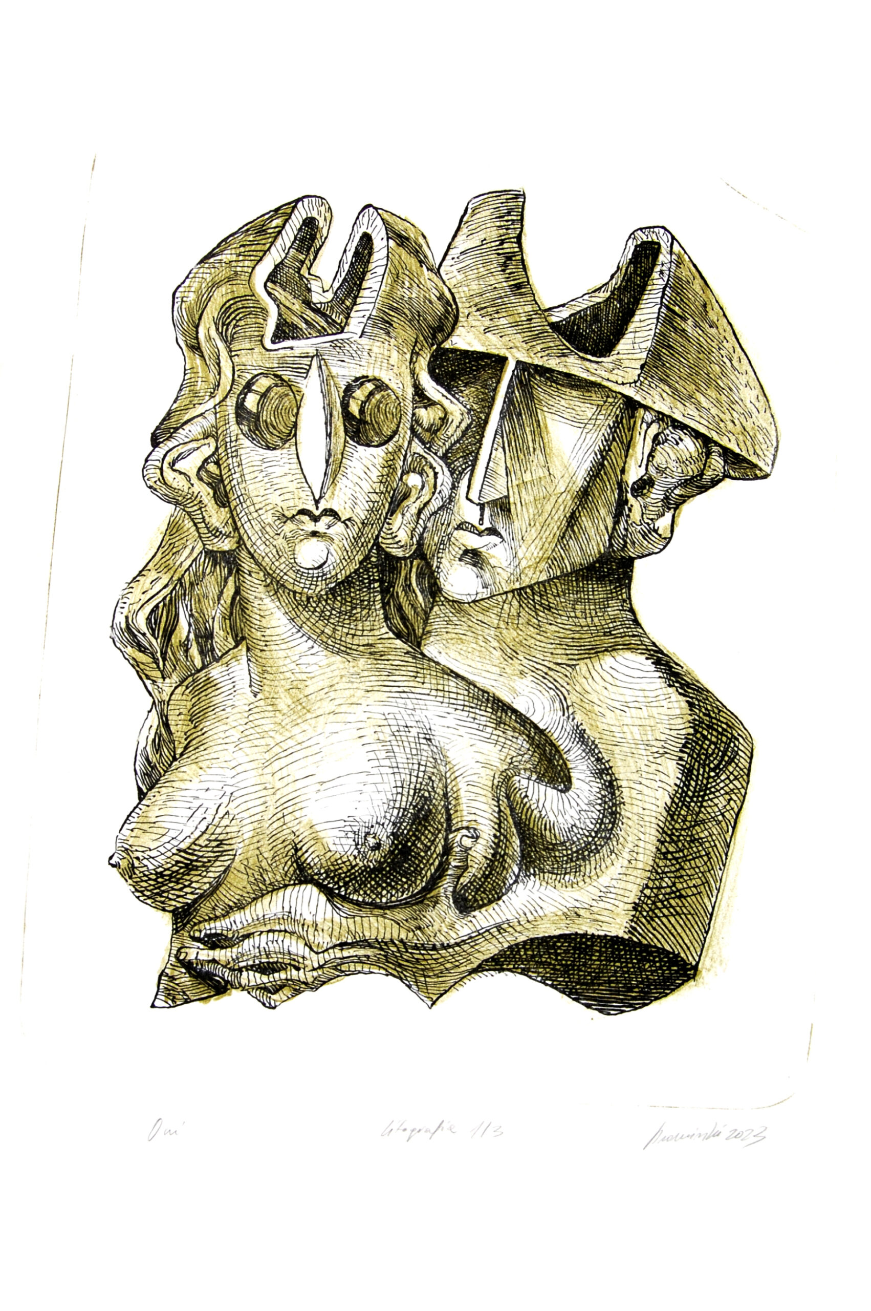 Praca przedstawia rysunki dwóch popiersi przedstawiających kobietę i mężczyznę.