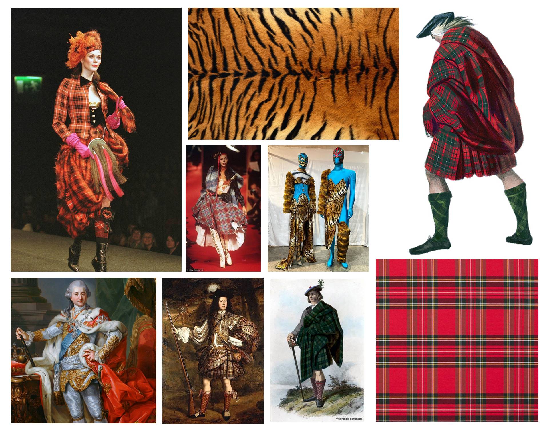 Układ zdjęć i obrazów malarskich przedstawiających ubiory w kratę oraz ubiory we wzór tygrysa