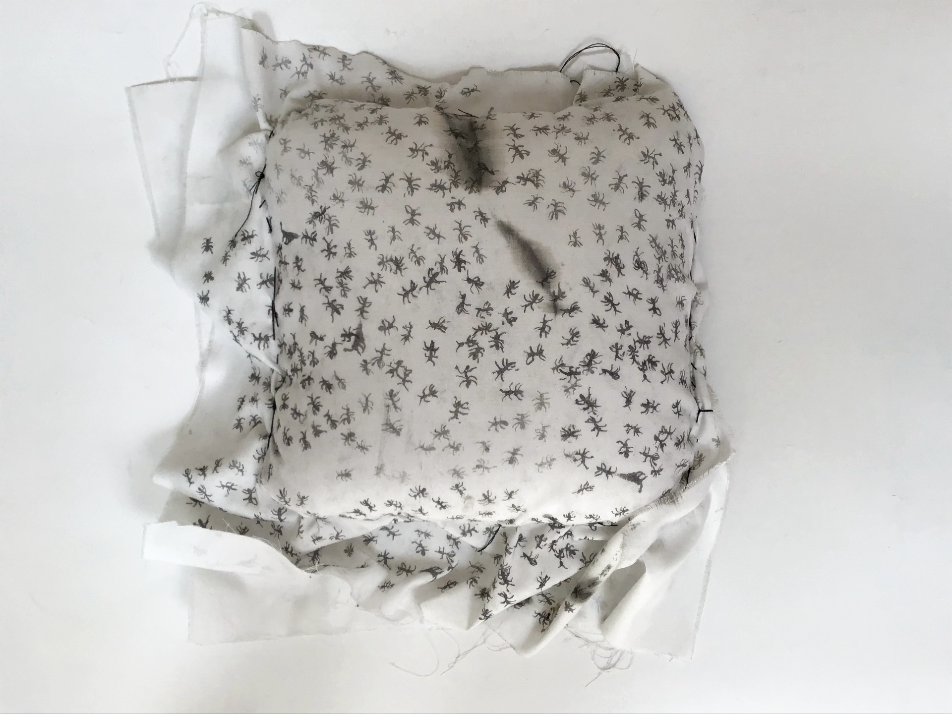 Praca przedstawia poduszkę z nadrukowanymi na niej mrówkami.
