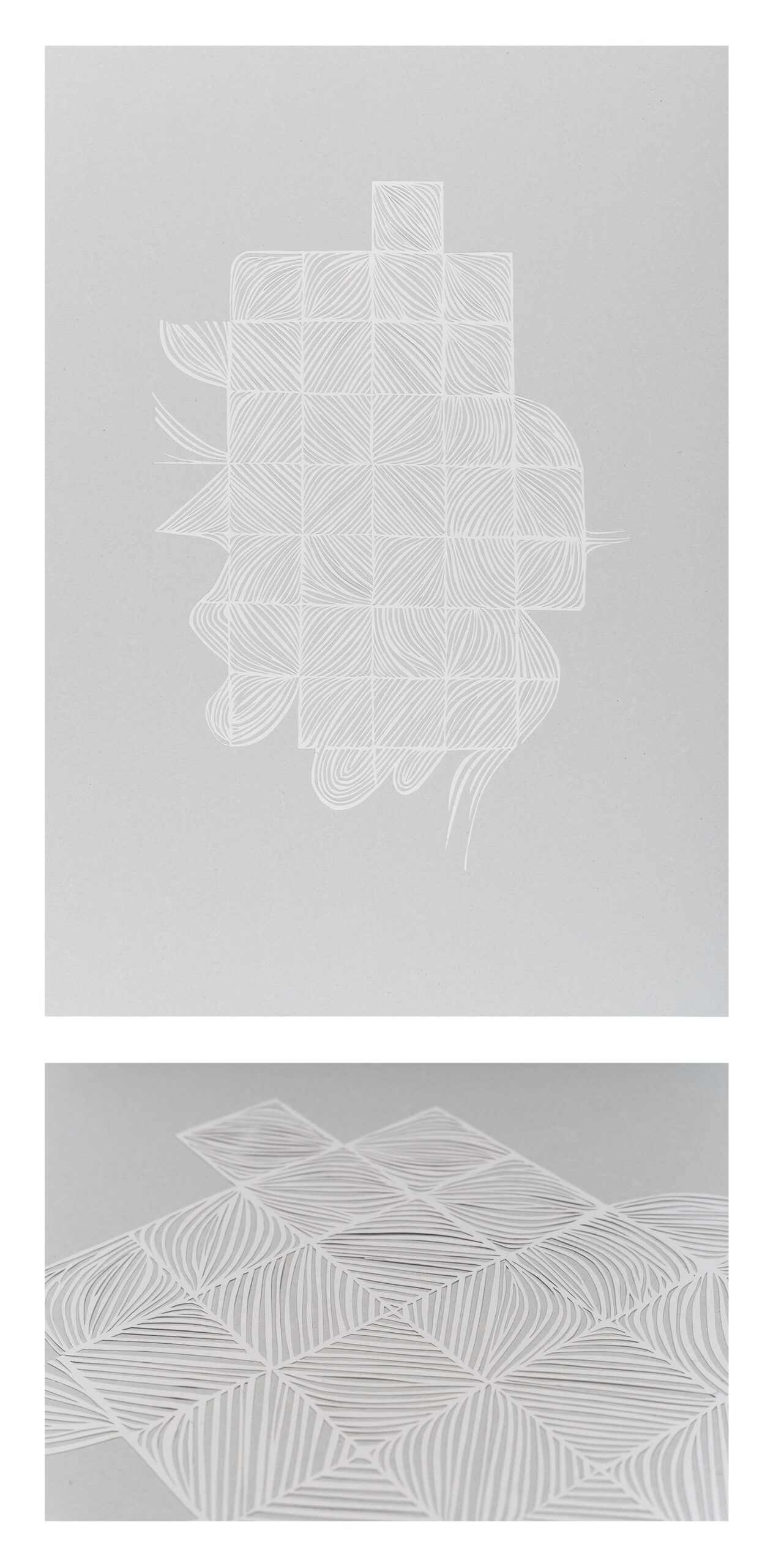 Praca przedstawia formę złożoną z ażurowych ponacinanych prostokątów, która na obrzeżach przechodzi w bardziej organiczne kształty, całość jest wycięta z białego papieru i przyklejona na szary bristol.