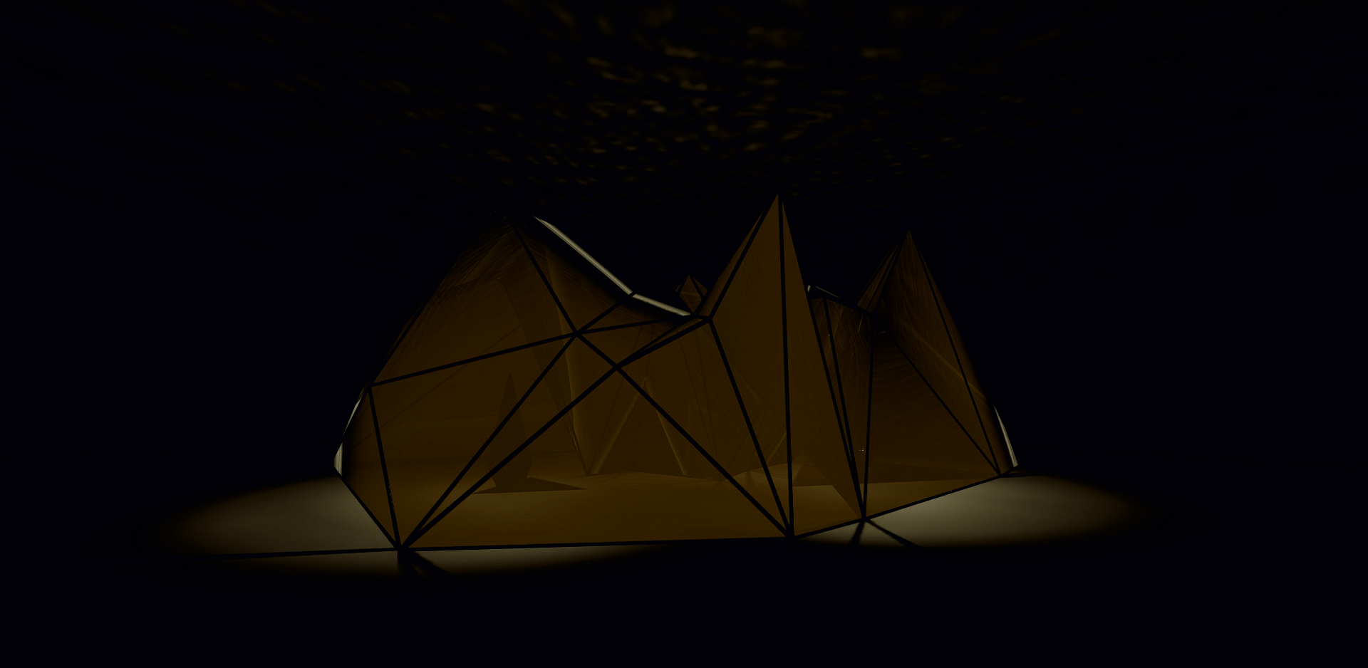 Zgeometryzowana forma tworząca mały pawilon wystawienniczy. Ściany zbudowane z trójkątów. Materiał podobny do kocy termicznych, przepuszcza światło z zewnątrz.