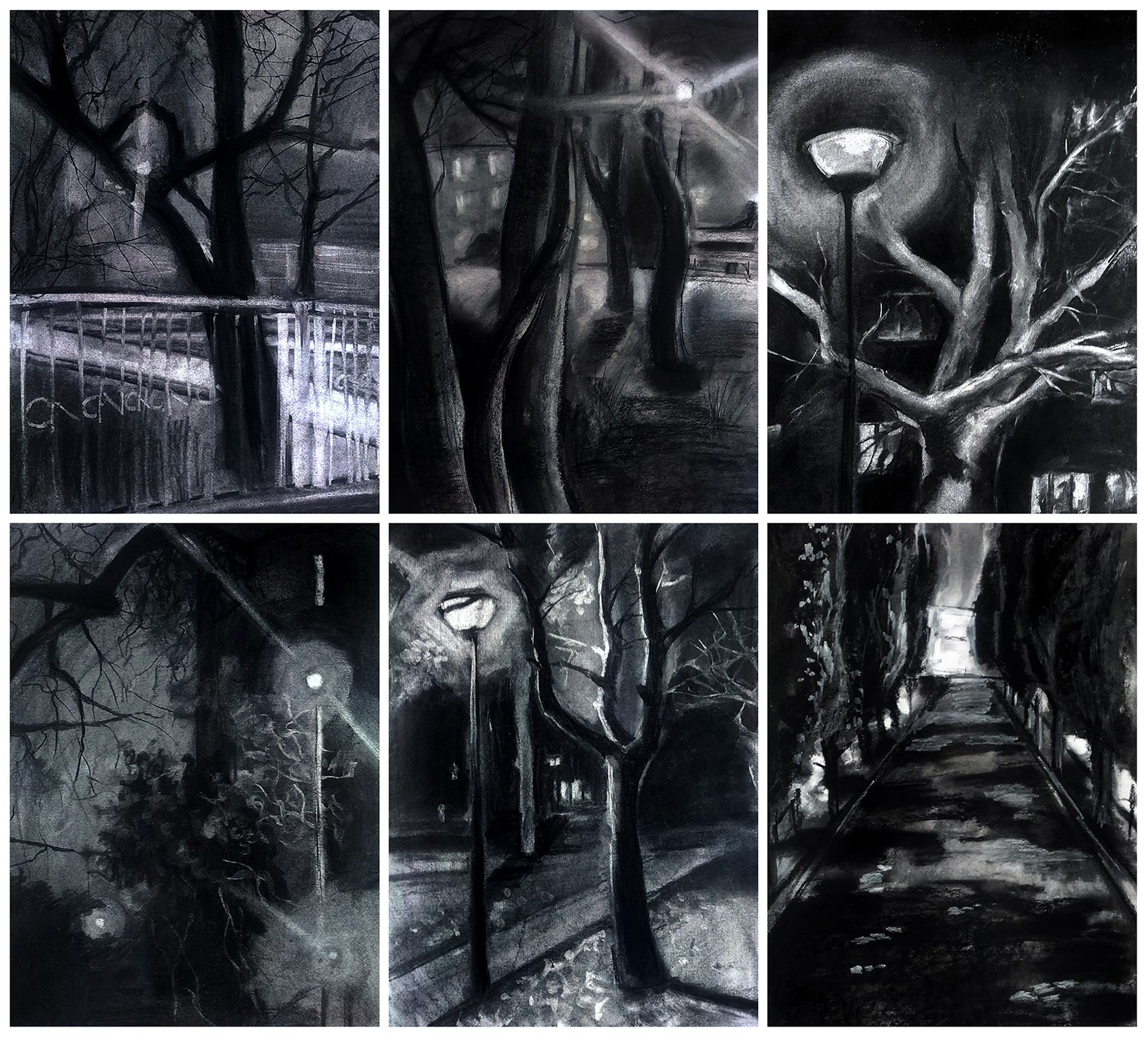 Praca składa się z 6 rysunków przedstawiających kadry miasta nocą. Rysunki zostały wykonane węglem na papierze o wymiarach 50 na 35 cm.