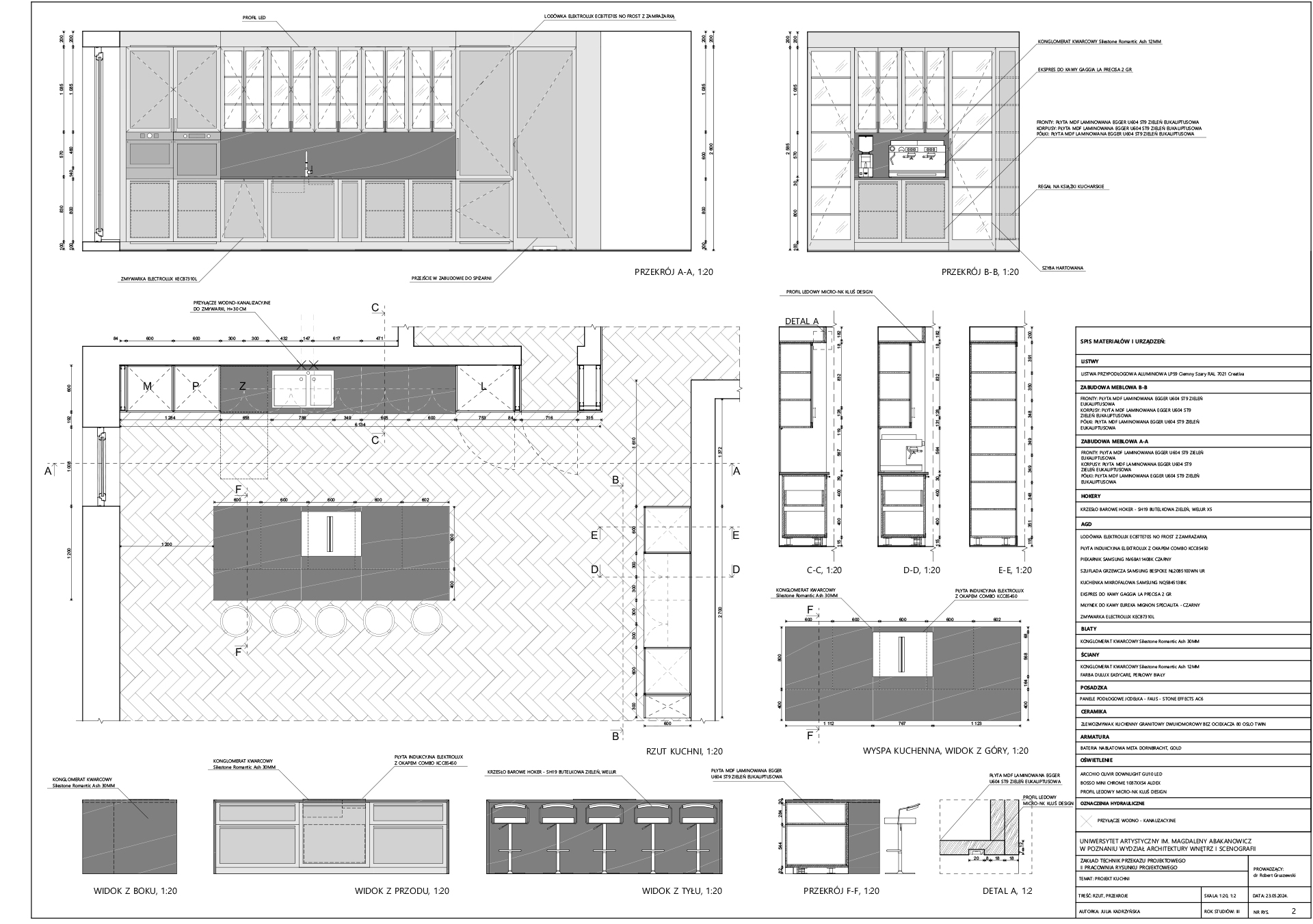 Projekt techniczny kuchni opracowany zgodnie z zasadami rysunku projektowego zawierający informacje niezbędne do jego wykonania.