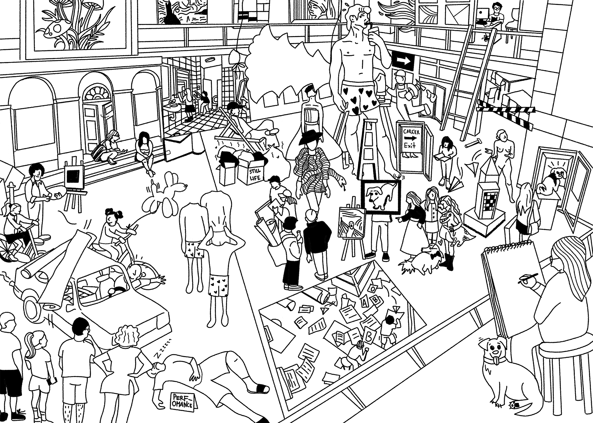 The work introduces, in a playful use of perspective, the numerous circumstances that one can face at an art school. 