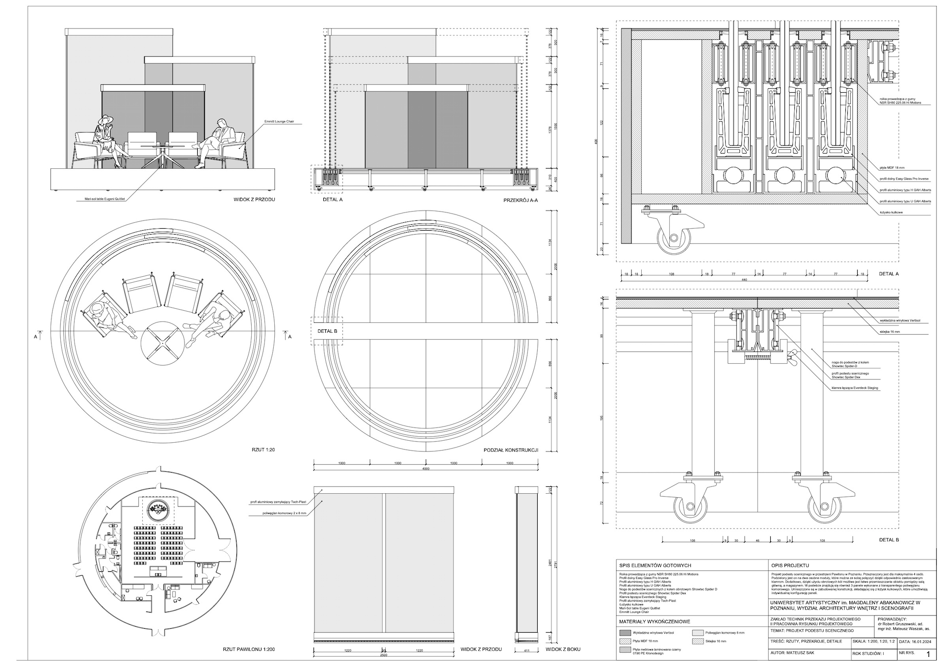 Projekt techniczny podestu scenicznego opracowany zgodnie z zasadami rysunku projektowego zawierający informacje niezbędne do jego wykonania.
