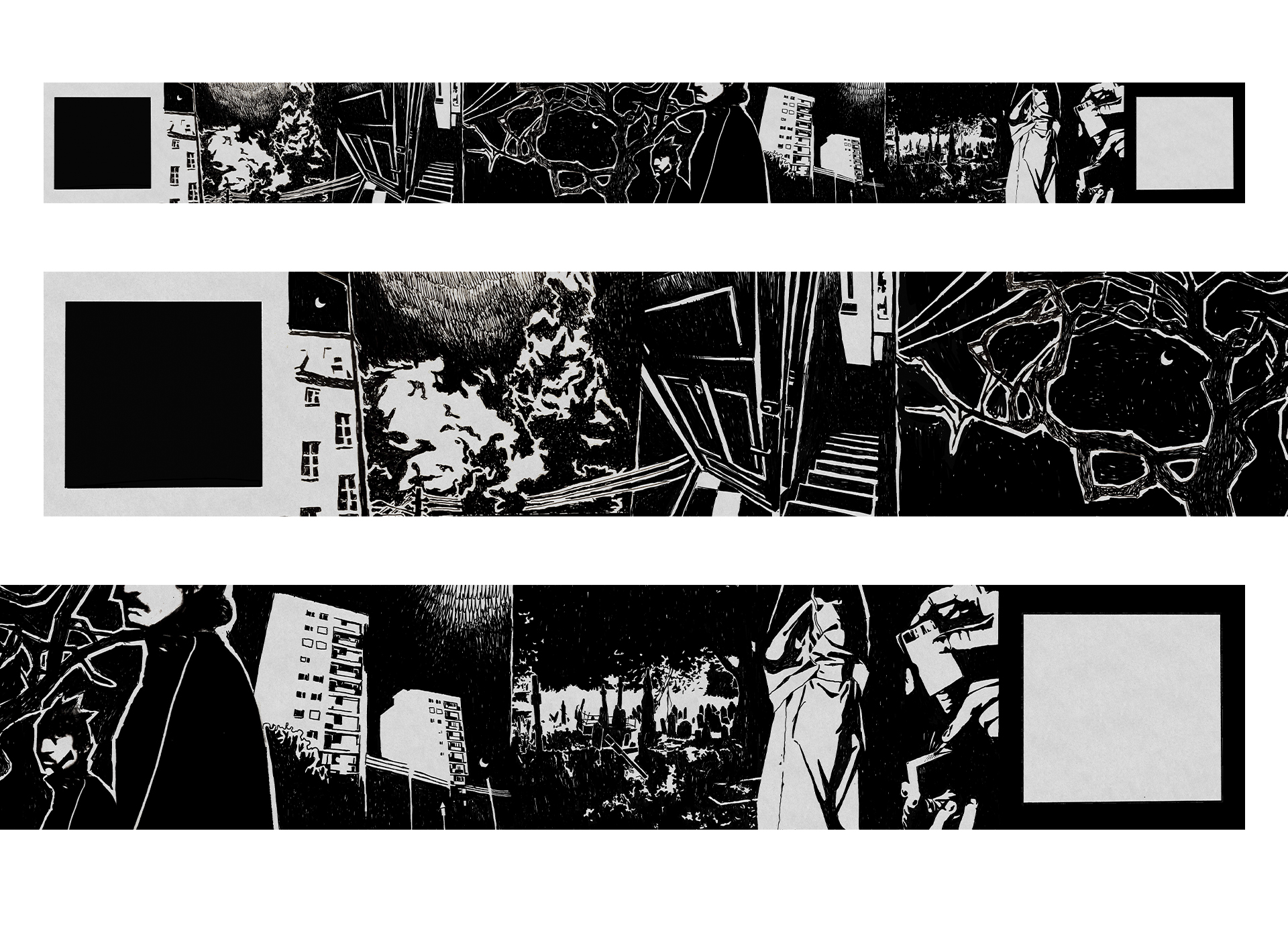 This accordion book showcases the journey of a character that walks through the darkness of the night in both public and private spaces highlighting what the protagonist finds intriguing in his pitch black journey. 