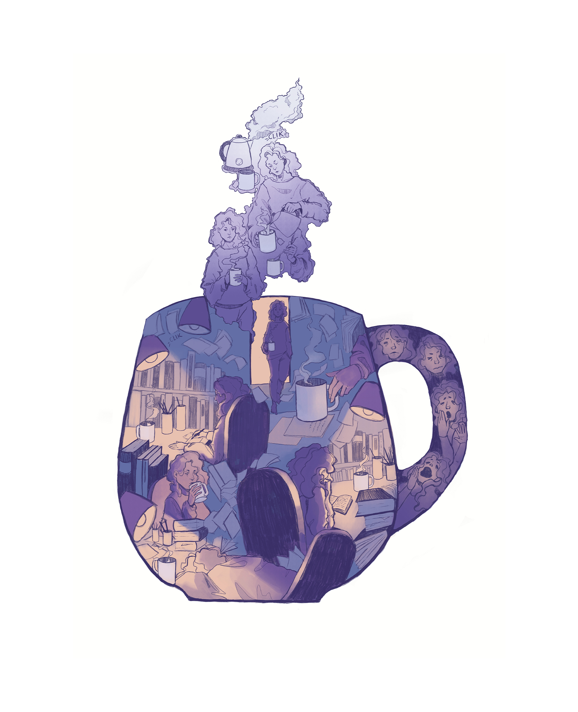 The work introduces the popular and so-known long nights of work that can only seem to be endured thanks to a hot cup of tea.
