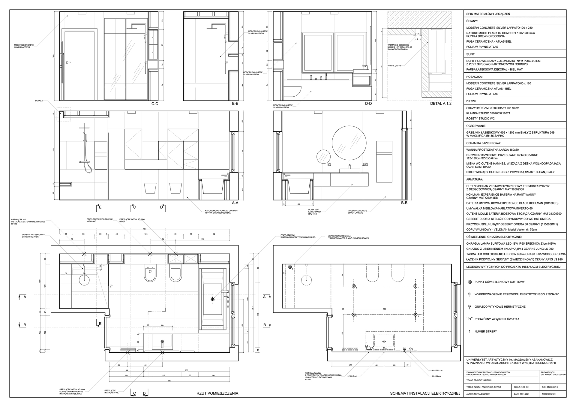 Projekt techniczny łazienki opracowany zgodnie z zasadami rysunku projektowego zawierający informacje niezbędne do jego wykonania.