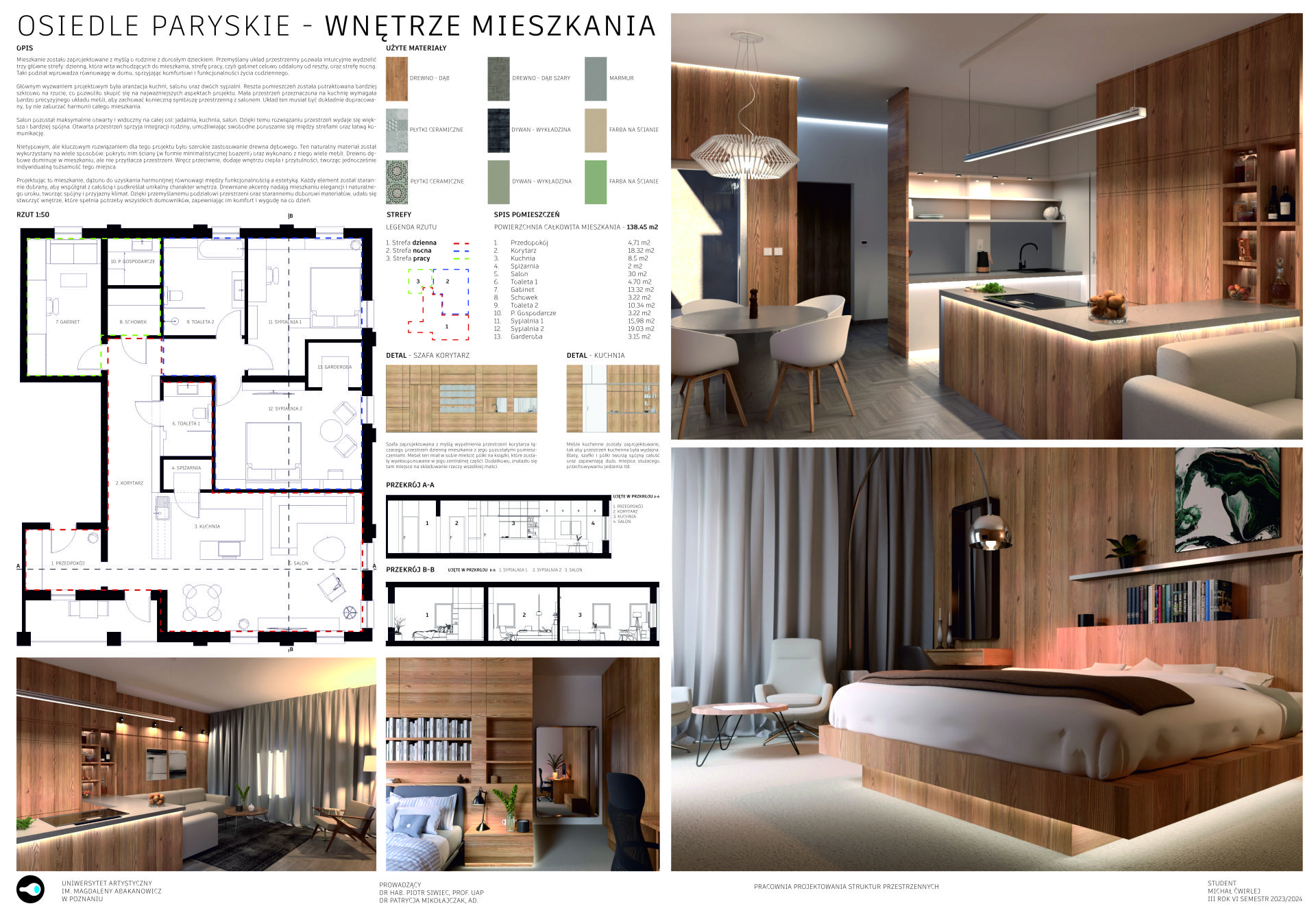 Wnętrza, w których głównym motywem jest drewno pojawiające się w okładzinach ścian i meblach. Jasne, ciepłe kolory oraz tkaniny w oknach tworzą przytulny klimat.
