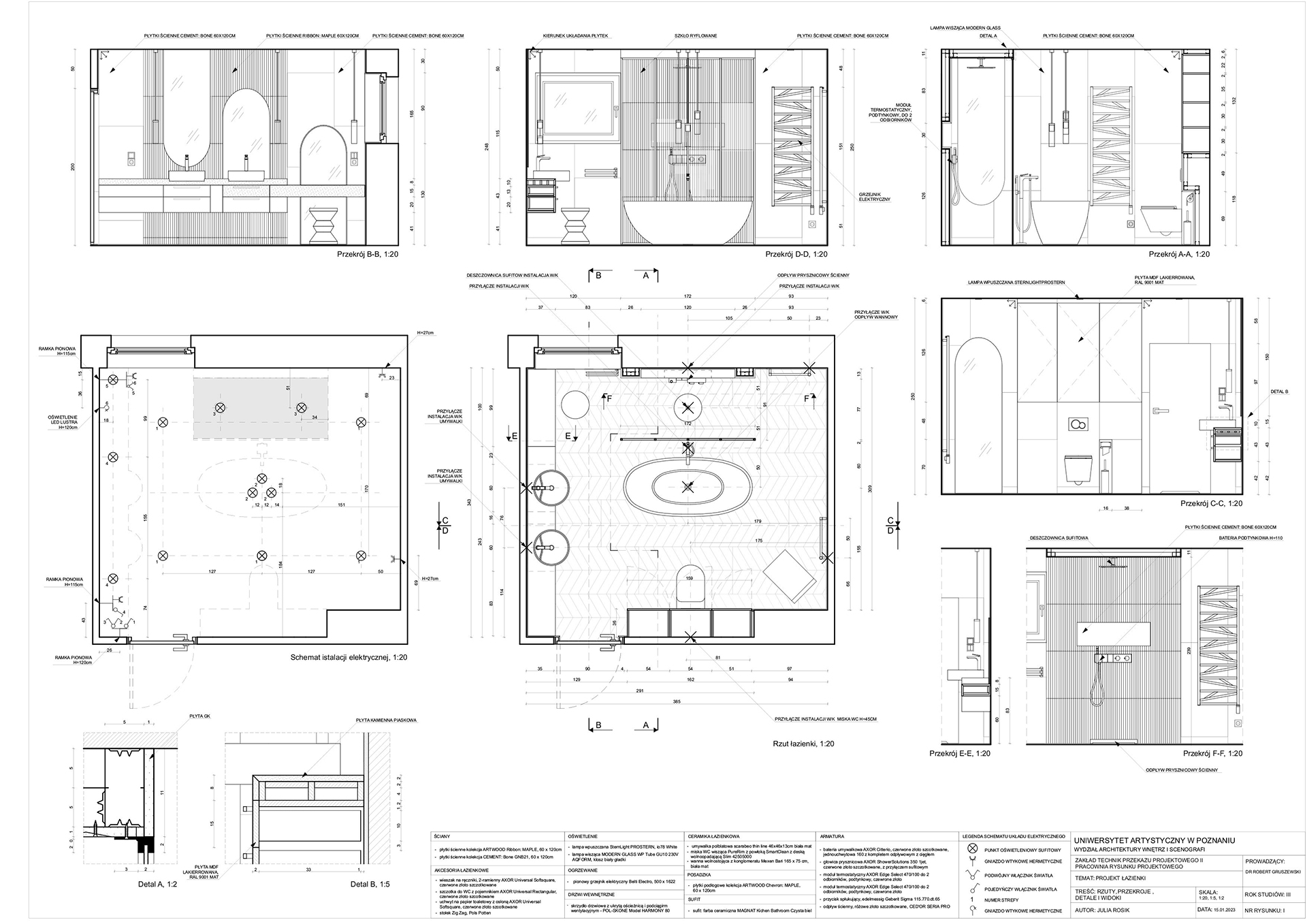 Projekt techniczny łazienki opracowany zgodnie z zasadami rysunku projektowego zawierający informacje niezbędne do jego wykonania.