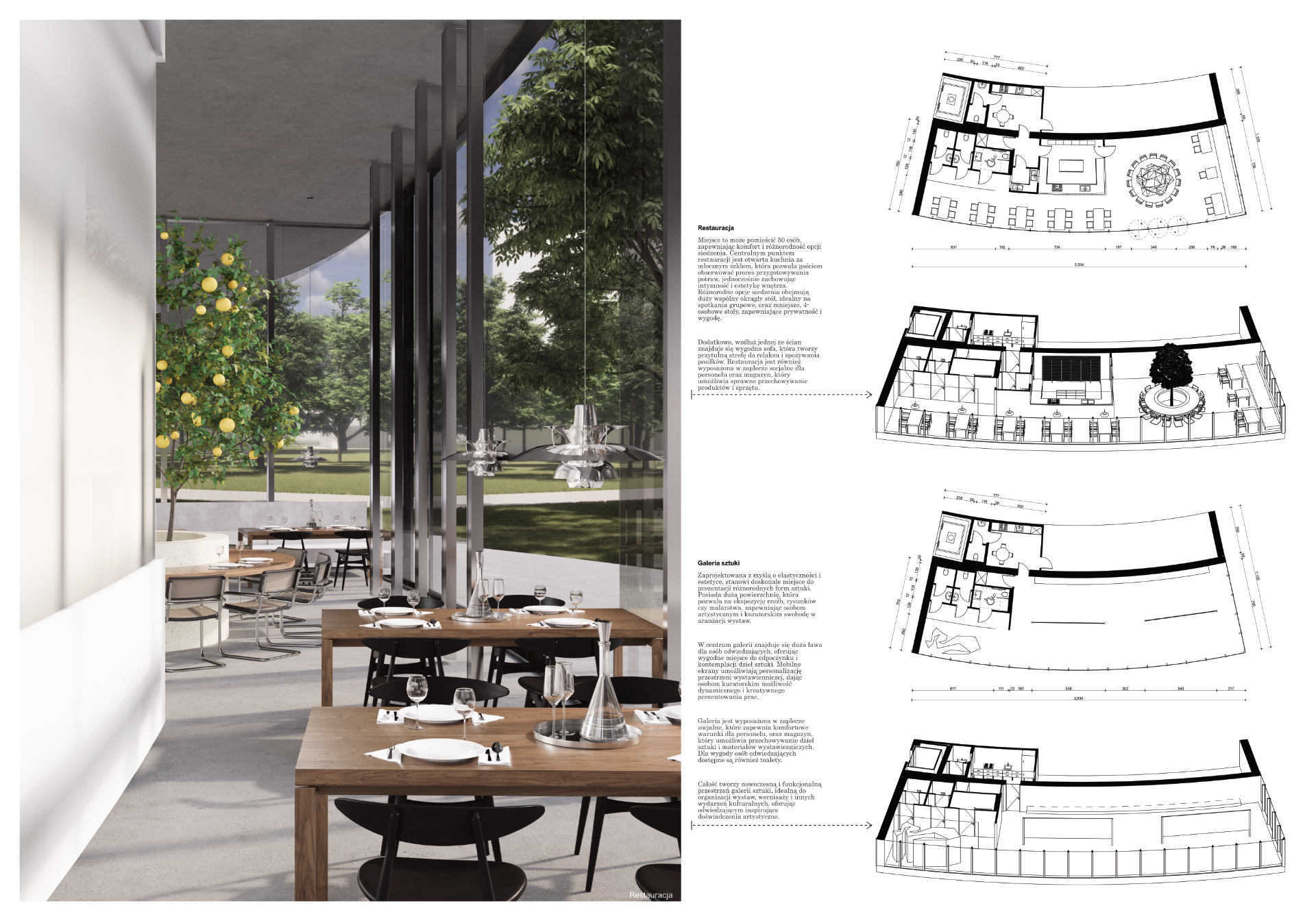 plansza przedstawiająca wizualizacje z wnętrza restauracji, drugą połowę wypełniają rzuty