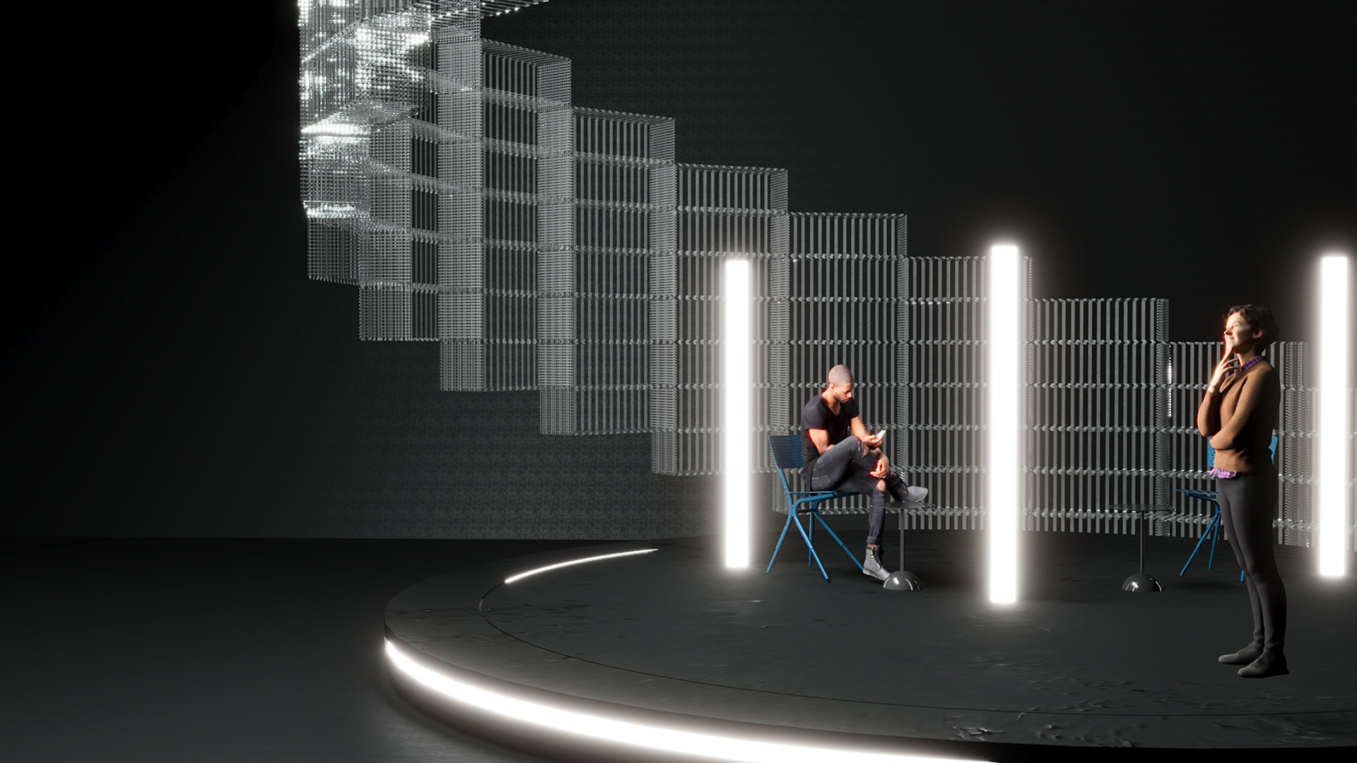 Wizualizacja przedstawiająca próbę odtworzenia scenografii do spektaklu „Constellations” będąca ćwiczeniem semestralnym. Forma umieszczona na okrągłym podeście z bocznym oświetleniem led oświetlona fioletowym światłem. Całość zaprezentowana na ciemnym tle. 