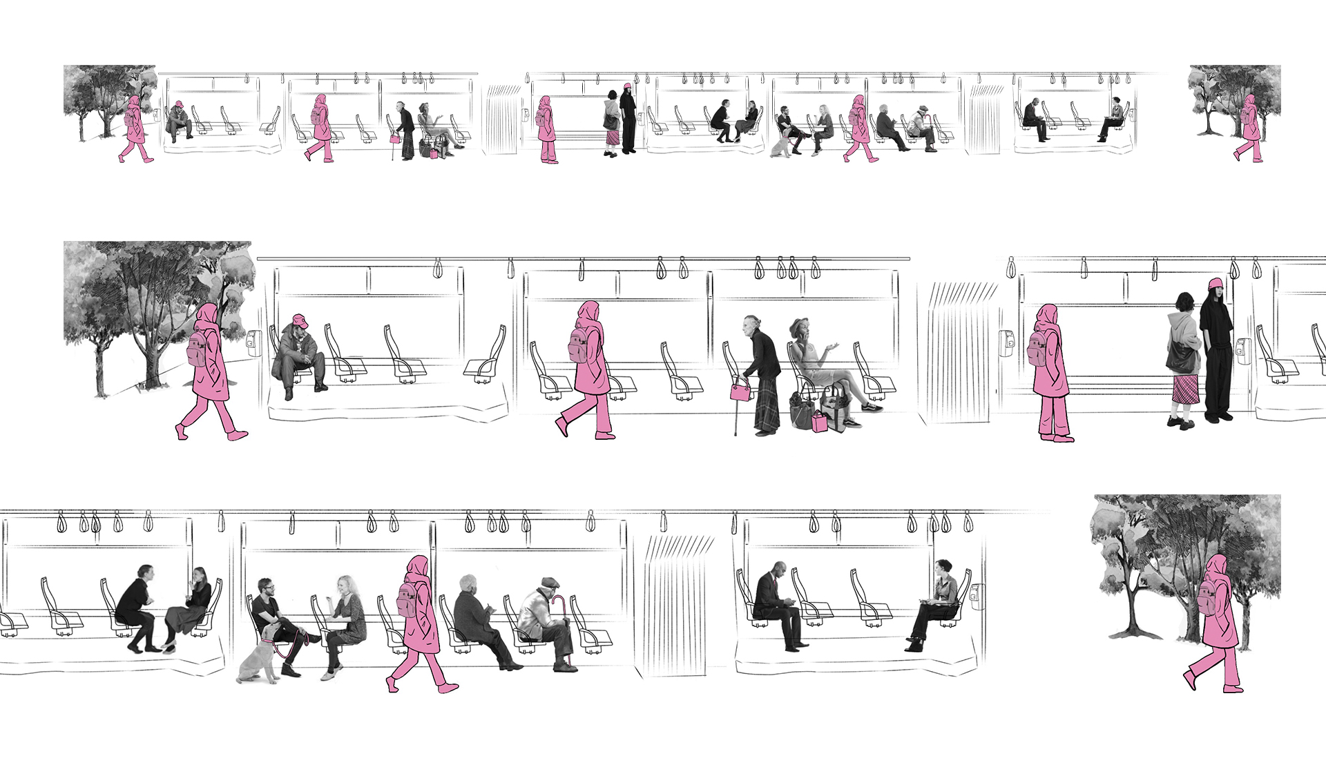 The work showcases, in an accordion book format, diverse circumstances one can face in public spaces, such as a tram, in the daily and mundane journey back home. 