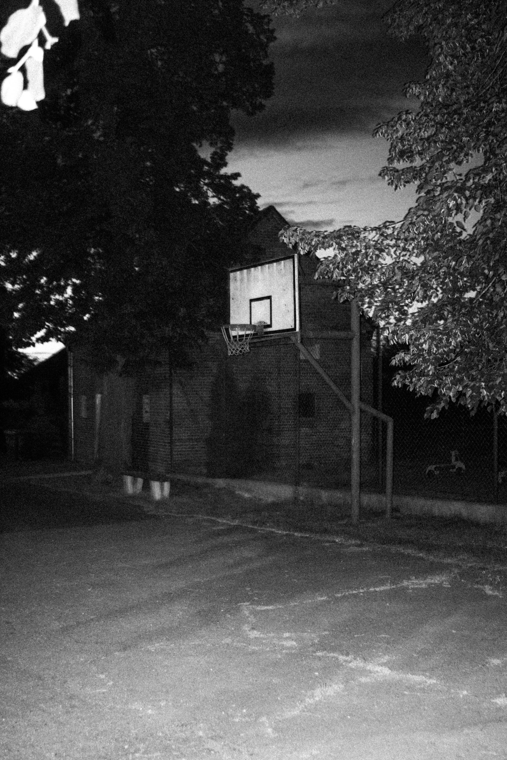 Czarno białe fotografie przedstawiają fragmenty domu, furtki, podwórka, jakiegoś budynku w oddali, altany, meble. Są fotografowane za pomocą lampy błyskowej co podbija ich mroczny charakter. 
