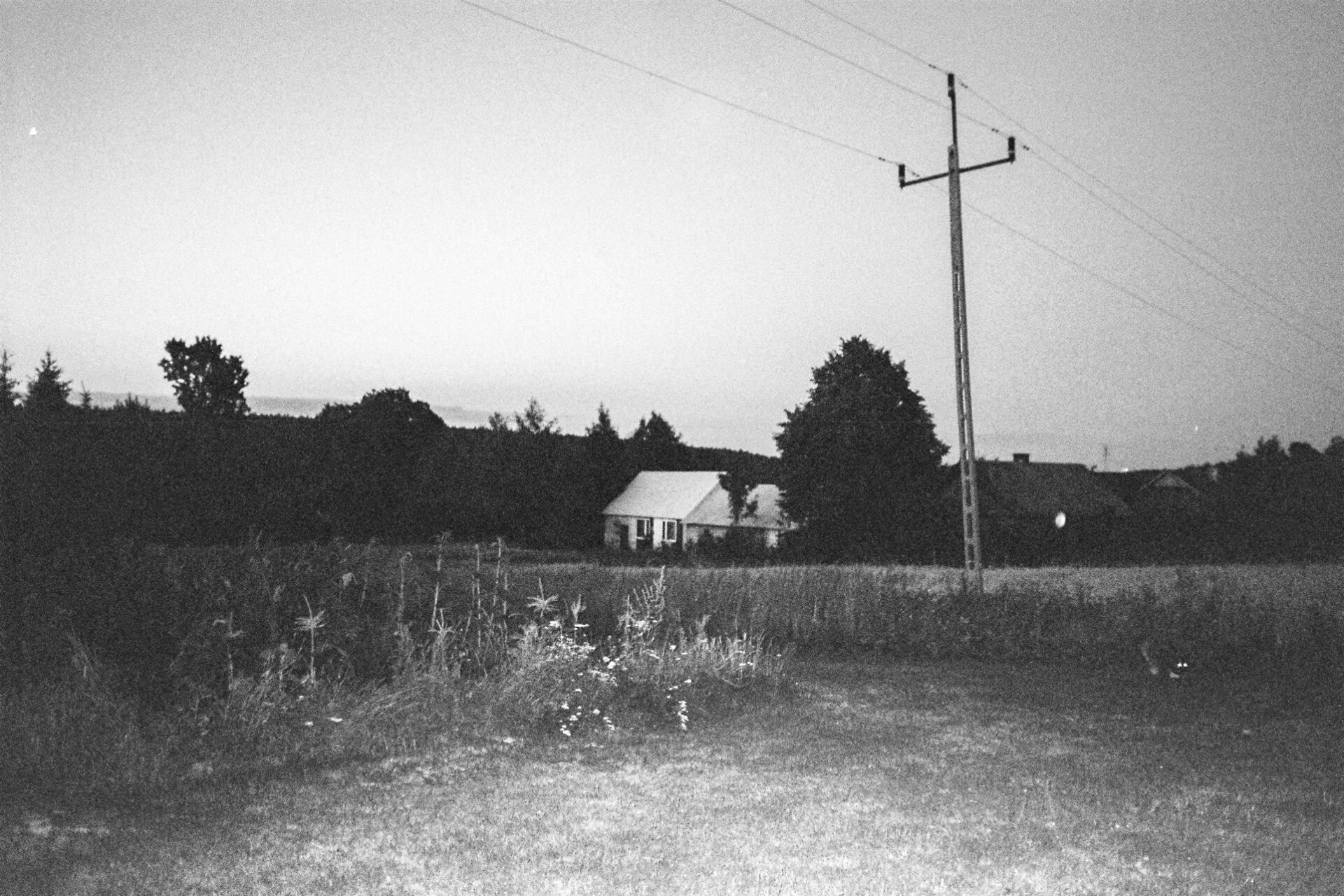Czarno białe fotografie przedstawiają fragmenty domu, furtki, podwórka, jakiegoś budynku w oddali, altany, meble. Są fotografowane za pomocą lampy błyskowej co podbija ich mroczny charakter. 