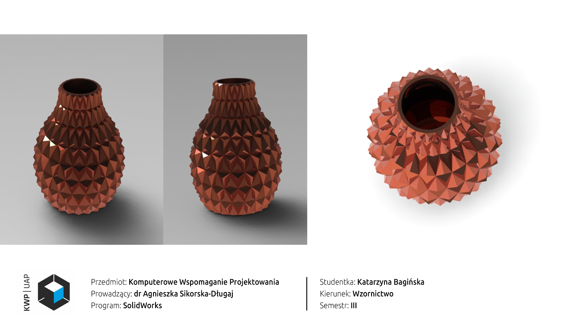 02: Trzy wizualizacje przedstawiające dzbanek z kolczastymi wypustkami, w kolorze metaliczno-pomarańczowym. Program wykonania modelu i wizualizacji to Solidworks.