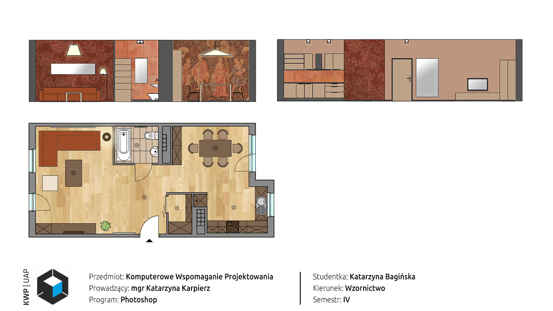 Rzut z góry i kłady dwóch ścian przedstawiające kolorystykę mieszkania wykonane w programie Photoshop. Aranżacja w tonacji brązowo ceglastej z kwiatową tapeta i średniowieczną grafika na ścianach.