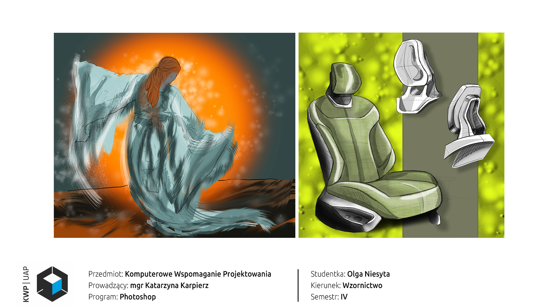 04: Dwie prace wykonane w programie Photoshop, pokazujące możliwości użycia różnych pędzli do kolorowania rysunku odręcznego. Pierwsza praca to kobita w kimono przedstawiona od tyłu, kolorowana za pomocą długich pociągnięć strukturalnego pędzla przypominających drapanie. Druga praca to projekt fotela na zielonym tle, gdzie praca w programie imituje użycie pisaków cieniujących.