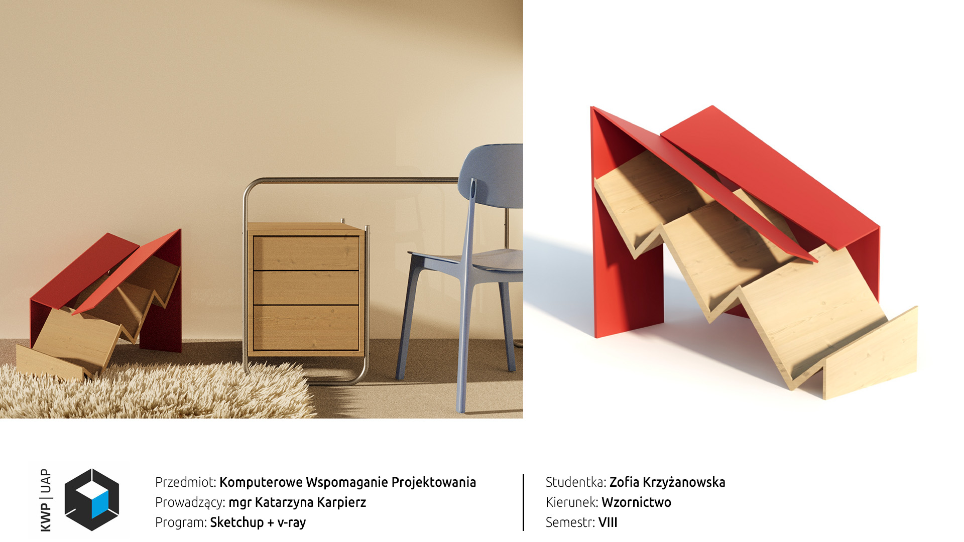 05: Dwie wizualizacja obiektu meblowego wykonane w programie Sketchup z nakładką v-ray. Jest to zygzakowata drewniana półka w czerwonym pękniętym płaszczu z płyty meblowej. Na prawej wizualizacji półka stoi na białym tle. Na lewej jest przedstawiona w pokoju, na puszystym beżowym dywanie, obok biurka.