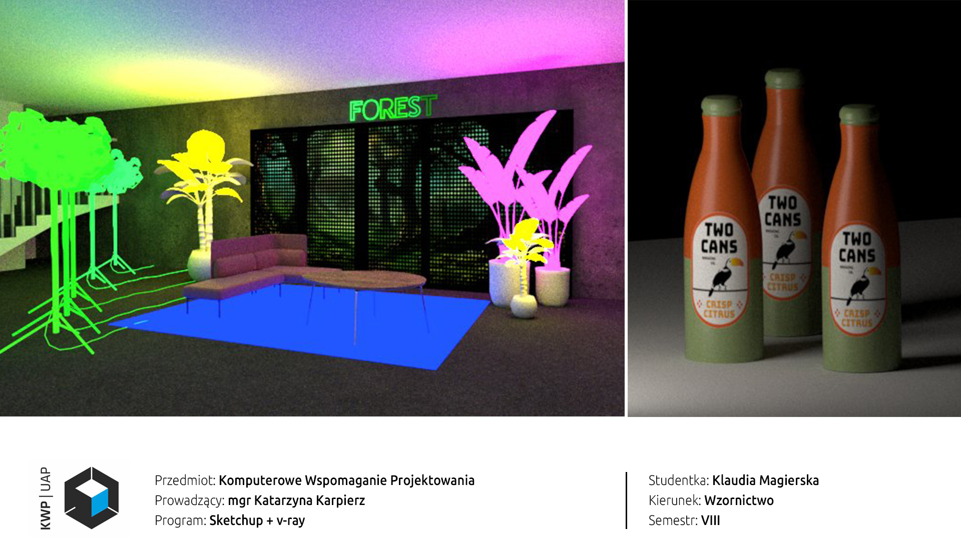 06:  Dwie wizualizacje wykonane w programie Sketchup z nakładką v-ray. Lewa przedstawia pokój oświetlony ledowymi lampami w kształcie kolorowych roślin doniczkowych o ostrych rażących barwach. W tle na ścianie znajduje się neonowy napis FOREST a pod nim ledowe panele wyświetlające obraz lasu. Prawa wizualizacja pokazuje trzy zielono-brązowe butelki z naklejona etykietą z tukanem. Tło butelek jest ciemne, a światło łagodne.
